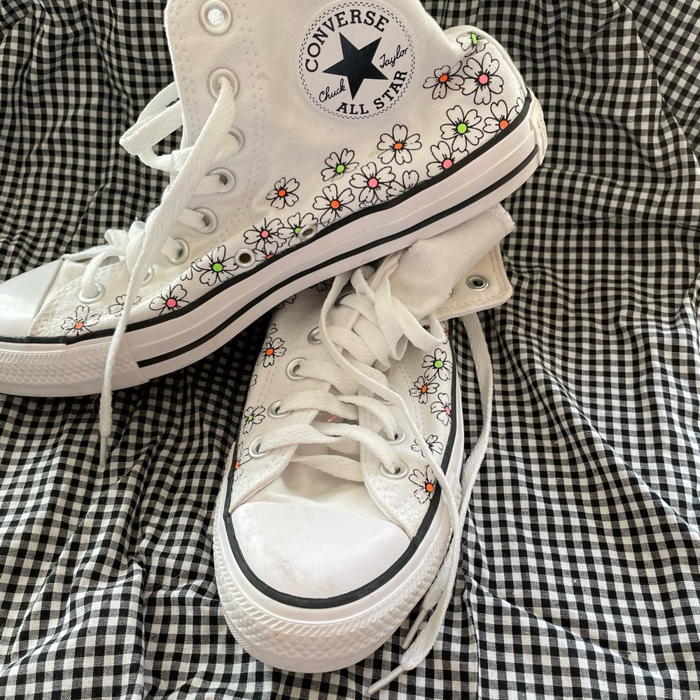Converse white with neon flowers high top shoes